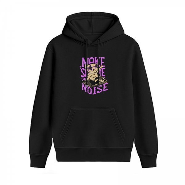 Black hoodie with 'Make Some Noise' cat graphic print