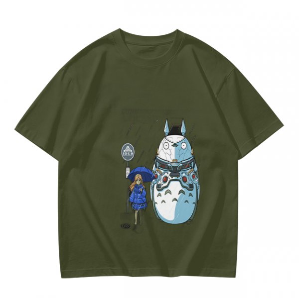 Olive T-Shirt with Mech Totoro and Girl at Bus Stop Print
