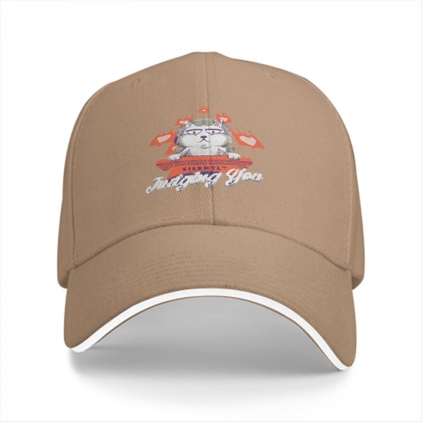 Black baseball cap with cat judge graphic and 'Silently Judging You' text