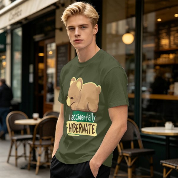 Olive t-shirt with sleeping bear and 'I accidentally hibernate' text