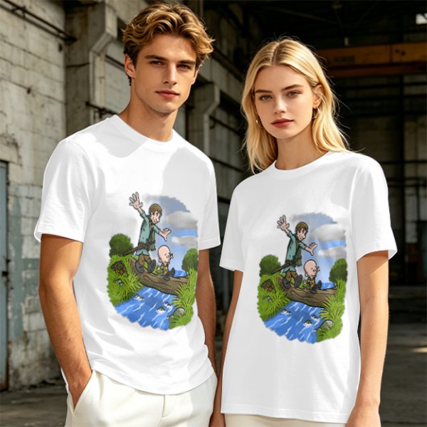 Olive T-shirt with Cartoon Boys Balancing on Log Over Stream