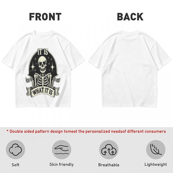Olive t-shirt with skeleton graphic and 'It Is What It Is' text