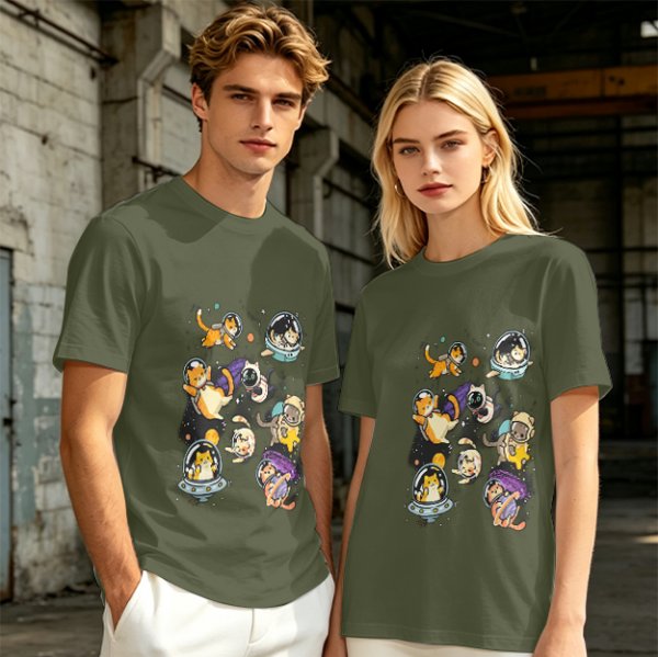 Olive T-Shirt With Playful Space Cats Graphic Print