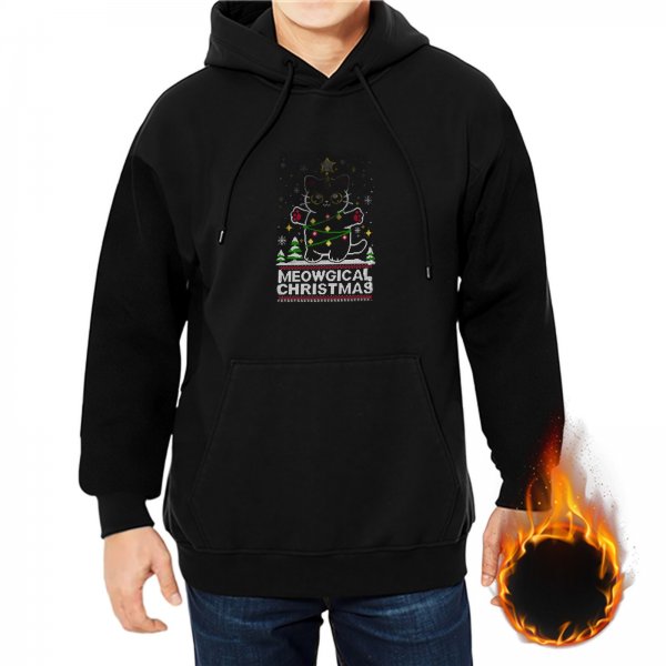 Black hoodie with Meowgical Christmas cat and festive holiday print