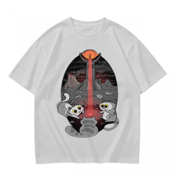 Olive T-shirt with Cat Sauron Tower Fantasy Art Print