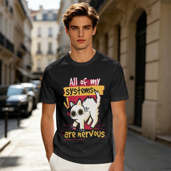 Olive graphic t-shirt with nervous white cat and 'All of my systems are nervous' text