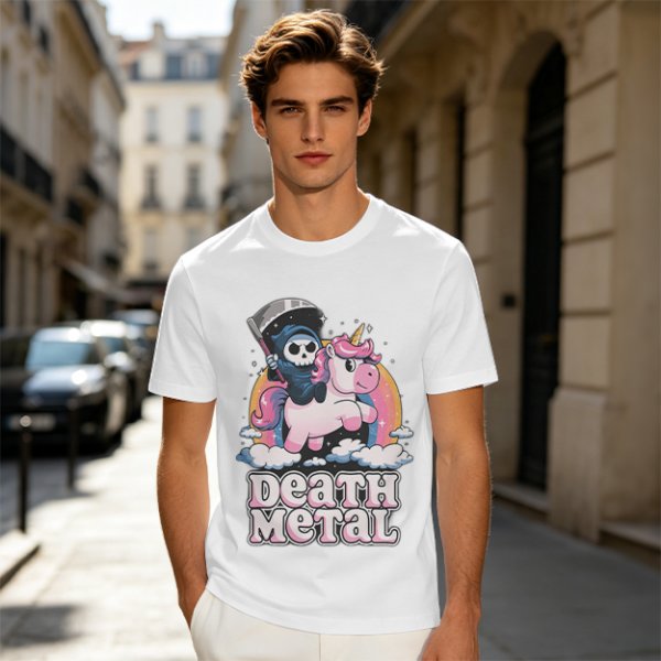 Olive t-shirt with cute grim reaper riding unicorn and death metal graphic