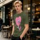 Oversized Olive T-Shirt with Retro Walking Pink Heart Cartoon Graphic