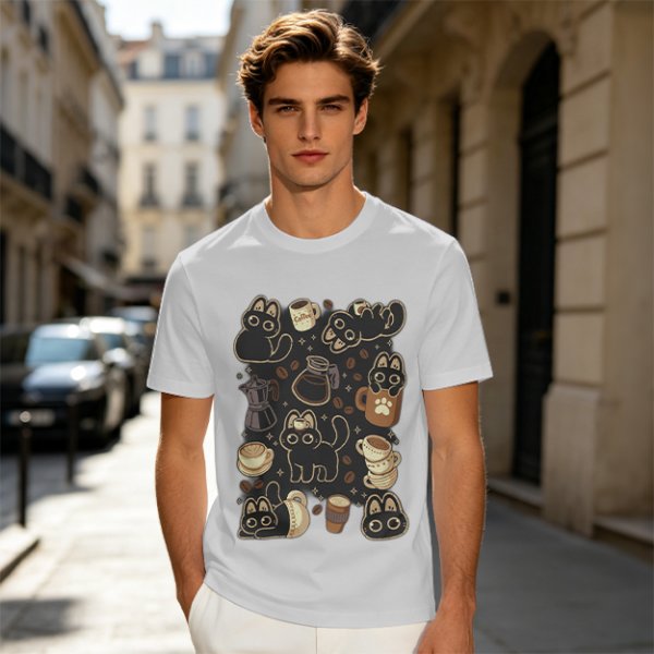 Olive T-Shirt With Cute Black Cats And Coffee Themed Print