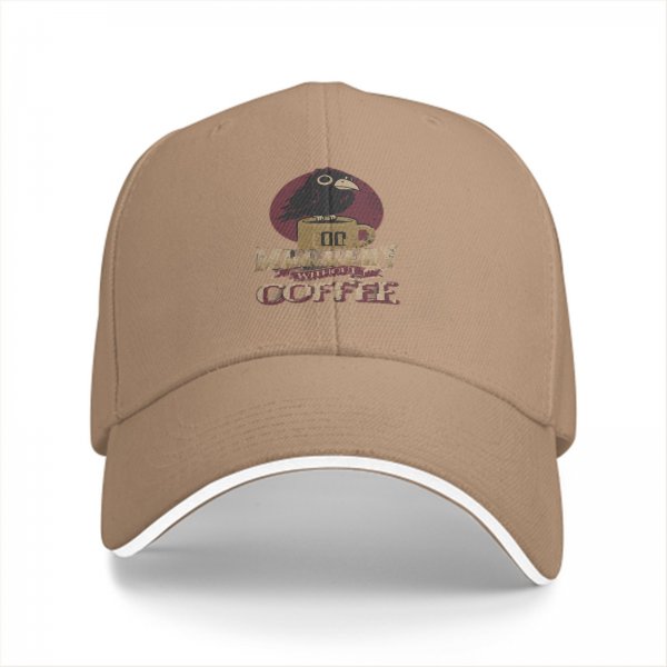 Black baseball cap with 'Too Murdery Without Coffee' crow graphic