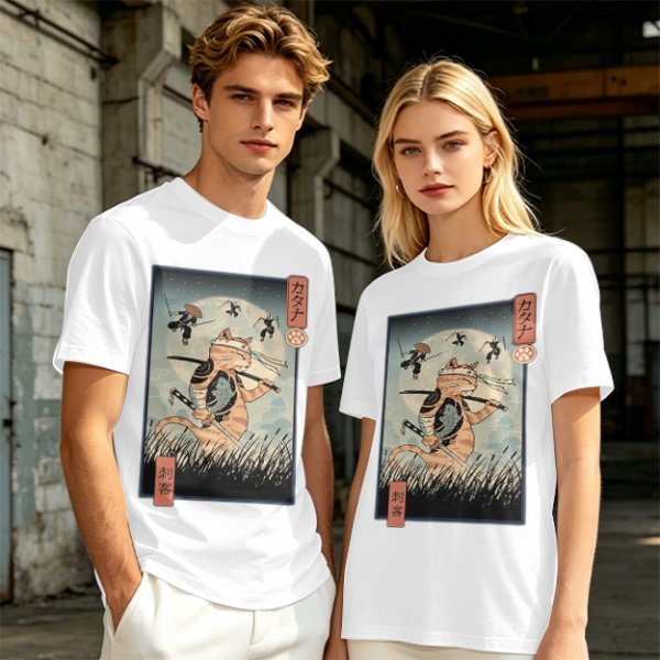 Samurai Cat Fighting Ninjas Ukiyo-e Style Graphic T-Shirt