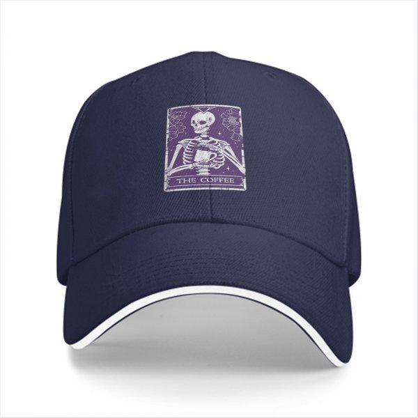 Black baseball cap with 'The Coffee' skeleton tarot-style graphic