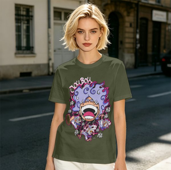 Olive T-shirt with Joyboy Gear 5 Luffy Laughing Anime Print
