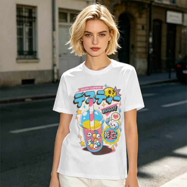Oversized Graphic Tee with Death Flavor Bubble Tea Print