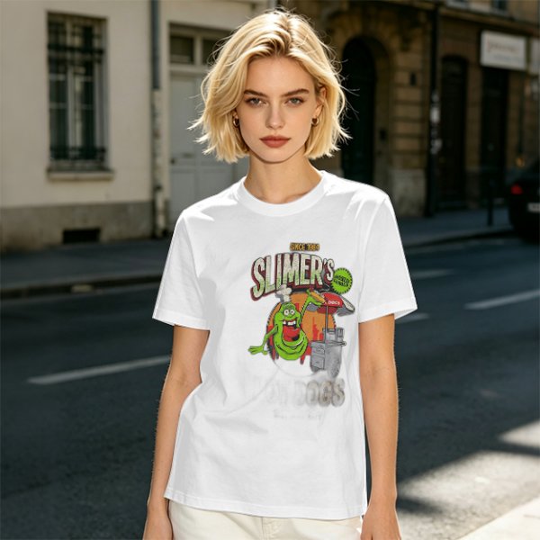 Olive green t-shirt with Slimer's Ghostbusters themed graphic print