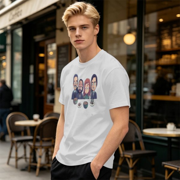 Olive T-shirt with Cartoon Group of Four People and Bowls Print