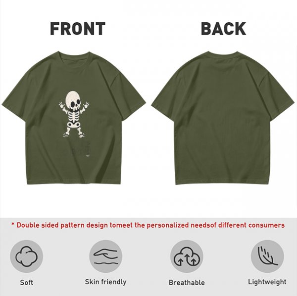 Olive green t-shirt with cute cartoon skeleton graphic
