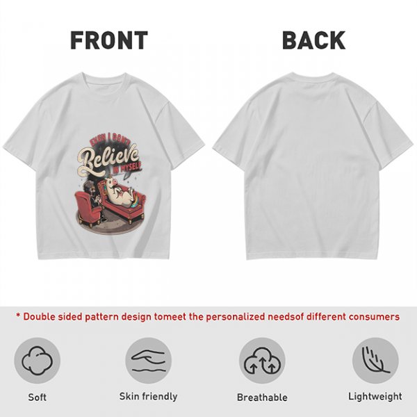 Olive graphic t-shirt with unicorn therapy and 'Even I Don't Believe In Myself' text