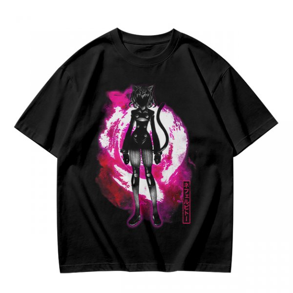 Olive anime cat character graphic t-shirt with pink abstract background