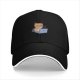 Black baseball cap with a cartoon cat working on a laptop print