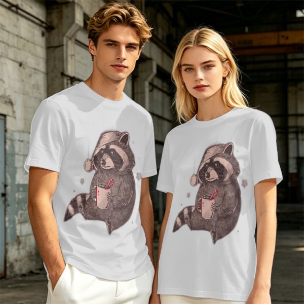 Olive T-Shirt With Raccoon In Santa Hat Holding Mug Print