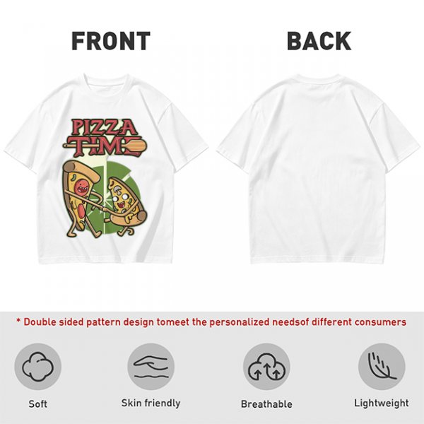 Olive green pizza graphic t-shirt with playful pizza slice characters