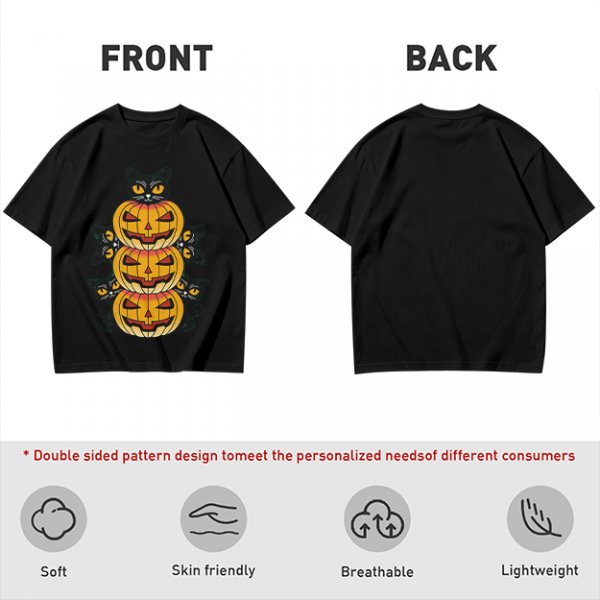 Olive Halloween T-Shirt with Stacked Jack-o'-Lanterns and Black Cats