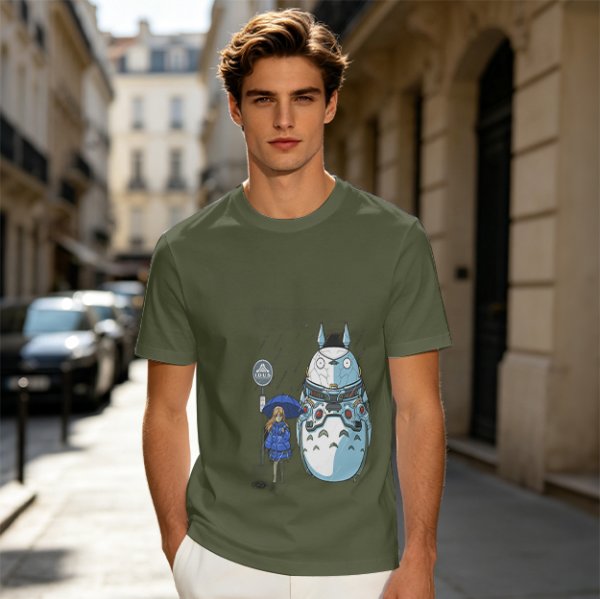 Olive T-Shirt with Mech Totoro and Girl at Bus Stop Print