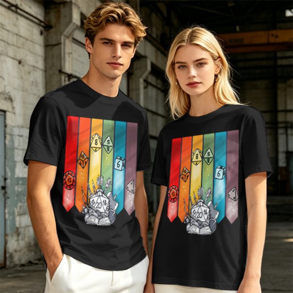 Dungeons and Dragons Polyhedral Dice Rainbow Graphic T-Shirt