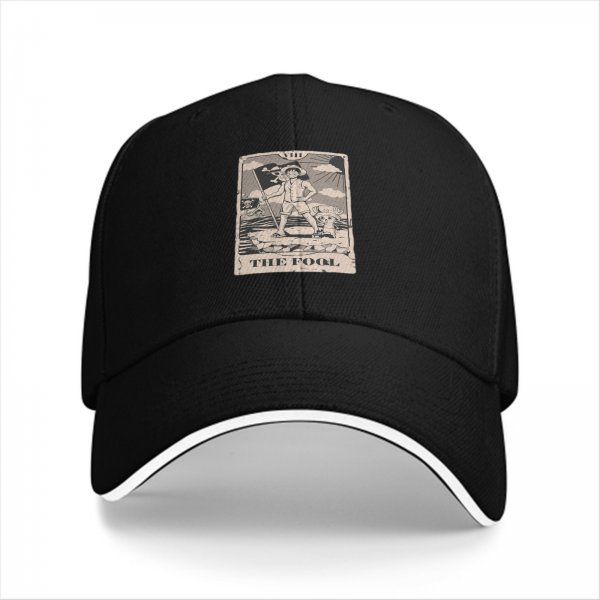 Black Baseball Cap with One Piece The Fool Tarot Style Print