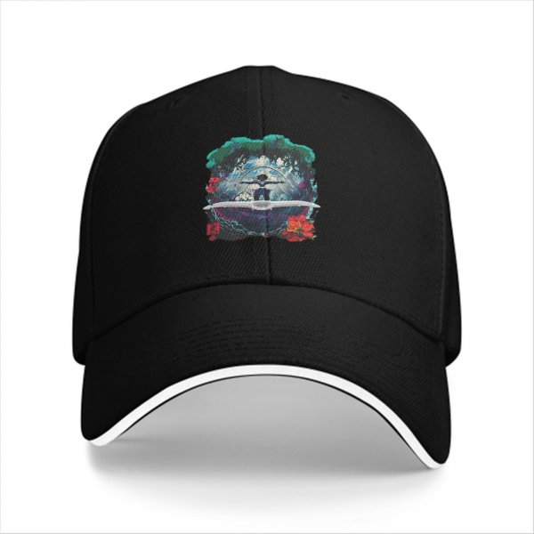 Black Baseball Cap With Fantasy Forest Figure And Red Floral Print