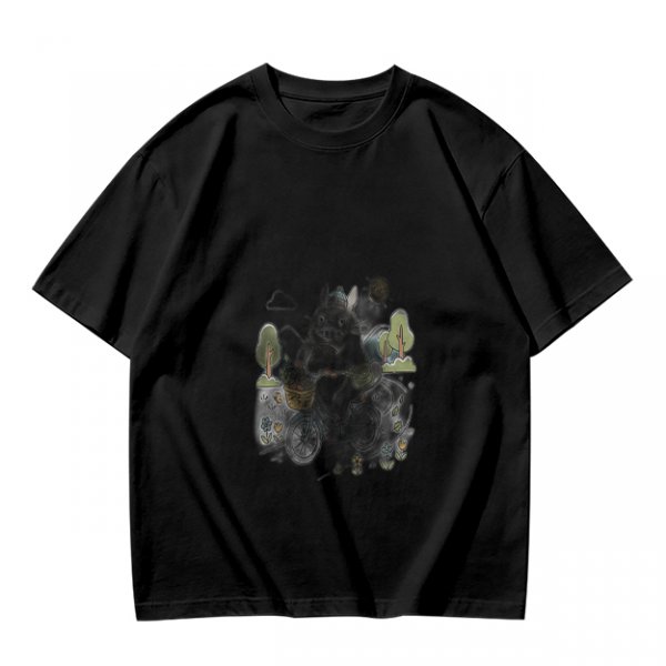 Olive Green Crewneck T-Shirt With Whimsical Graphic Print