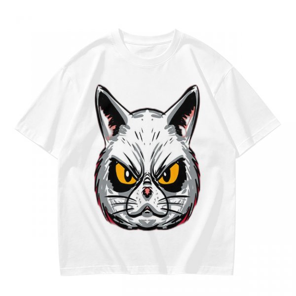 Olive T-Shirt With Angry White Cat Face Graphic