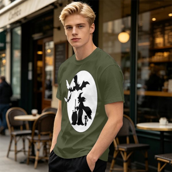 Olive Halloween Witch Silhouette Graphic Short Sleeve T-Shirt