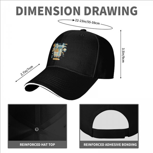 Black baseball cap with cartoon beer can robot graphic