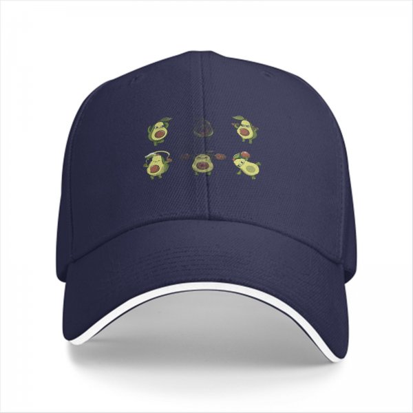 Black baseball cap with cartoon fitness avocado illustrations