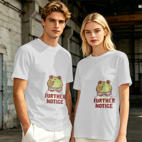 Olive T-Shirt with Cute Frog Graphic and Further Notice Text