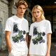 Olive T-shirt with cartoon lizard bench pressing weights in gym mirror