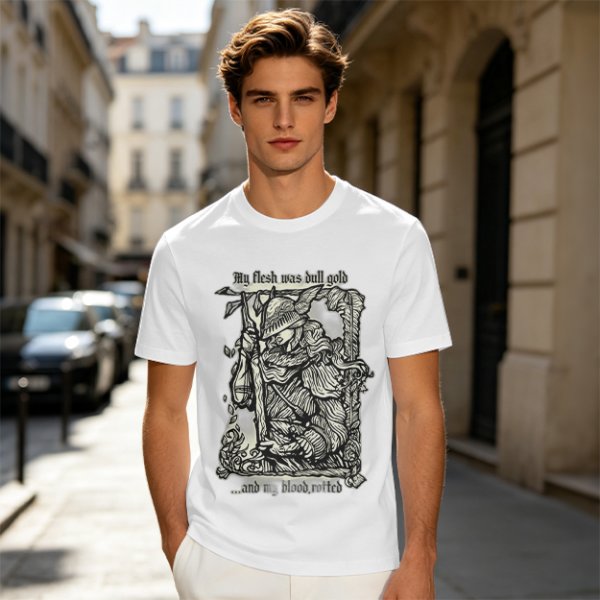 Olive t-shirt with medieval wanderer graphic and gothic text print