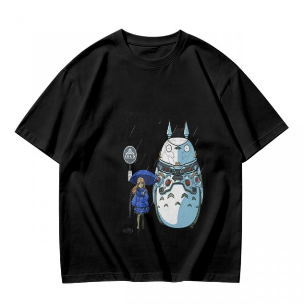 Olive T-Shirt with Mech Totoro and Girl at Bus Stop Print