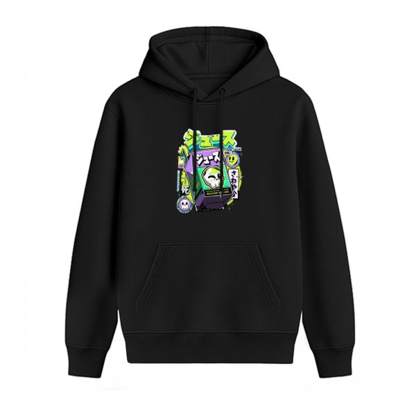 Black hoodie with neon anime juice box graphic design