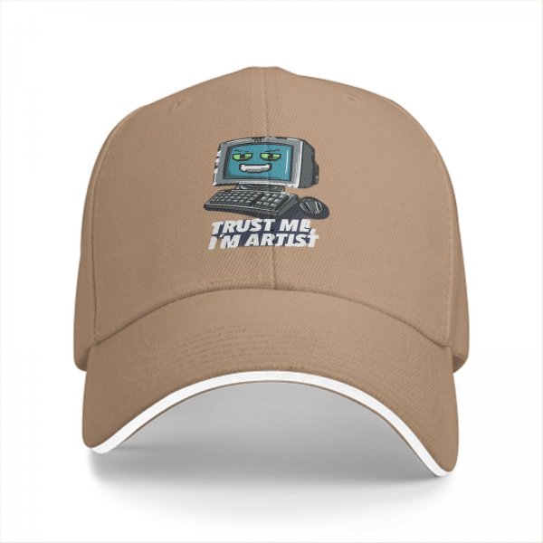 Black baseball cap with retro computer graphic and 'Trust me I'm artist' text