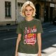 Olive green graphic tee with 'I'm here for the snacks' print