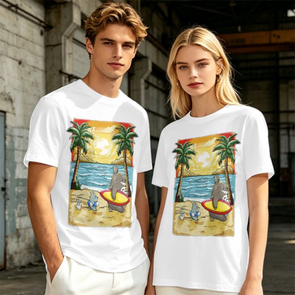 Olive T-Shirt with Beach Scene Print Featuring Totoro and Friends