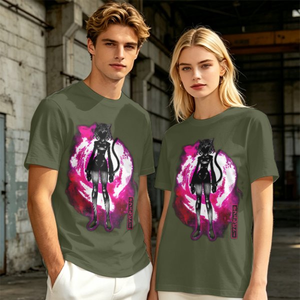Olive anime cat character graphic t-shirt with pink abstract background