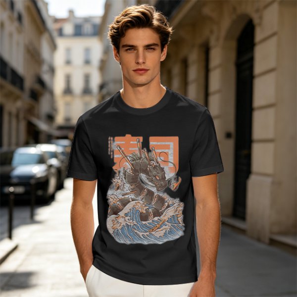 Olive T-shirt with Sushi Dragon Wave Graphic Print