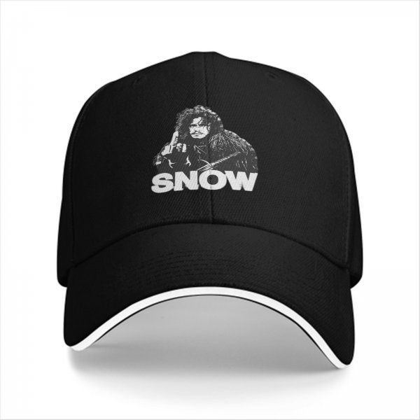 Black baseball cap with Jon Snow graphic and SNOW text