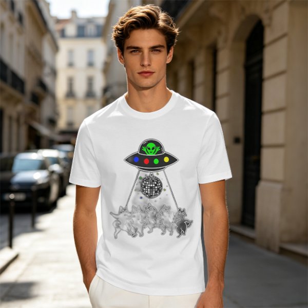 Olive T-shirt with UFO Alien and Disco Dancing Cats Print