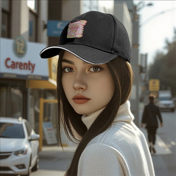 Black Baseball Cap With Pastel Cucumber Themed Graphic Print