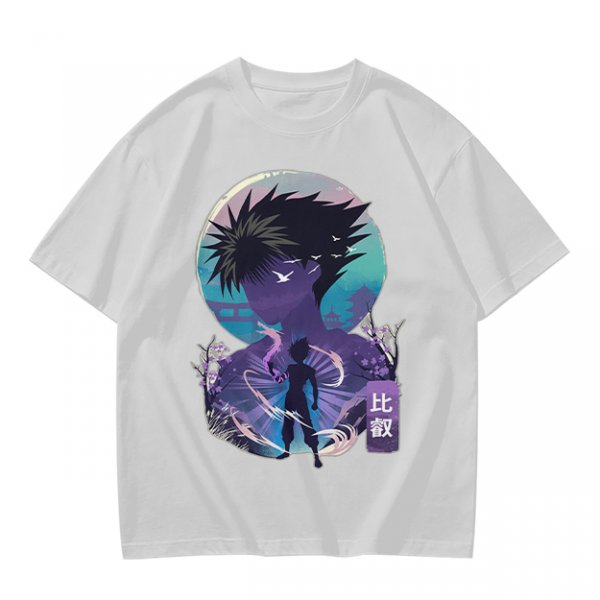 Anime character silhouette graphic tee with stylized purple and blue art